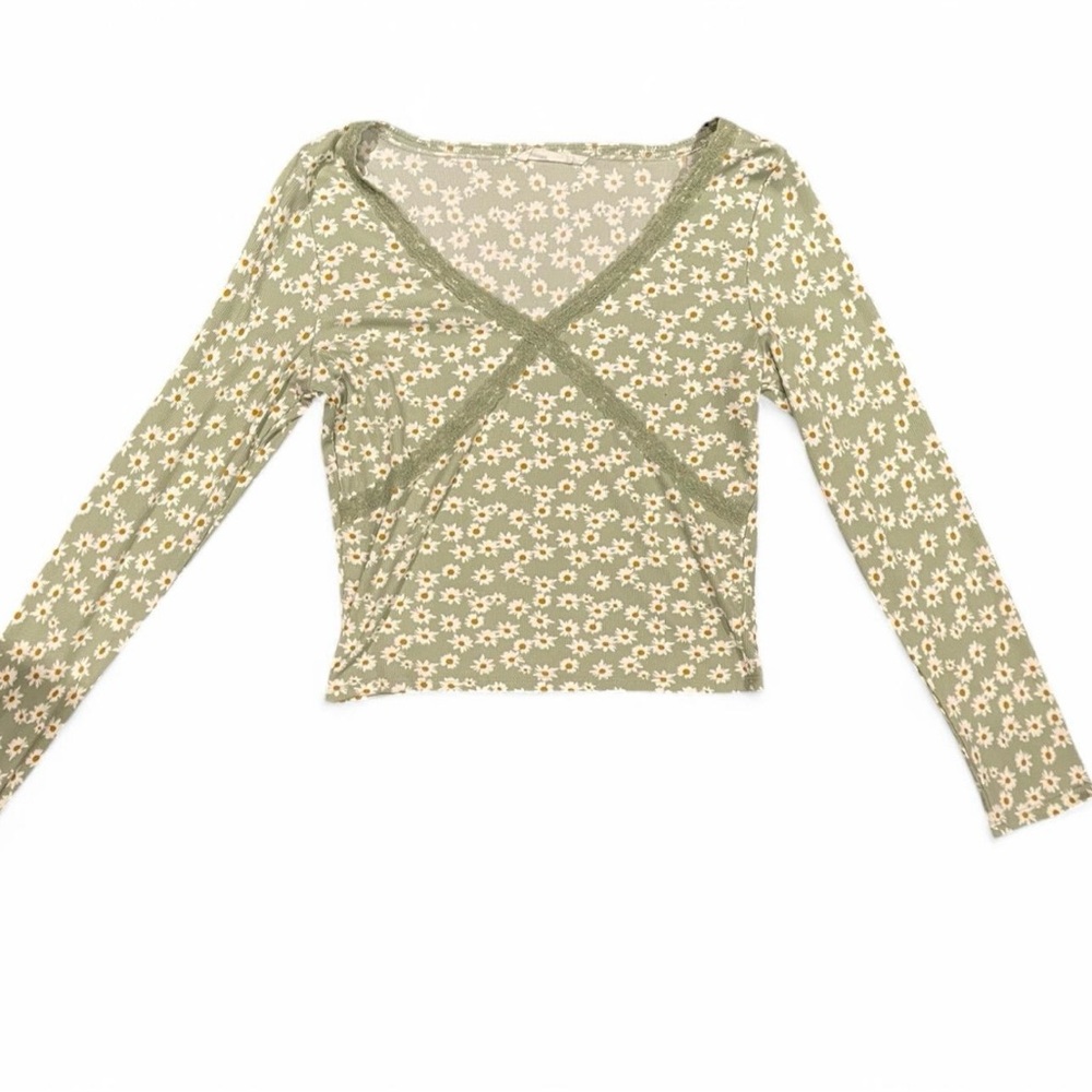 Blue Notes Green Floral Women's Top with lace detail